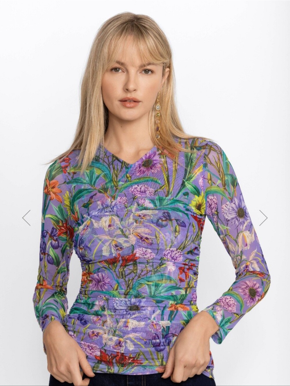 Johnny Was NWT Daphne Mesh Tee Floral Print Long-Sleeve Slim Fit Top Lavender S